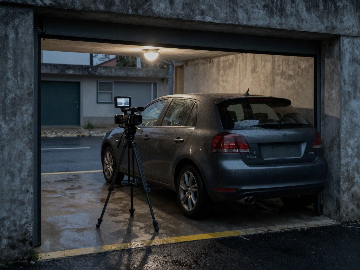 Câmara num tripé a filmar um carro numa garagem ao fim da tarde